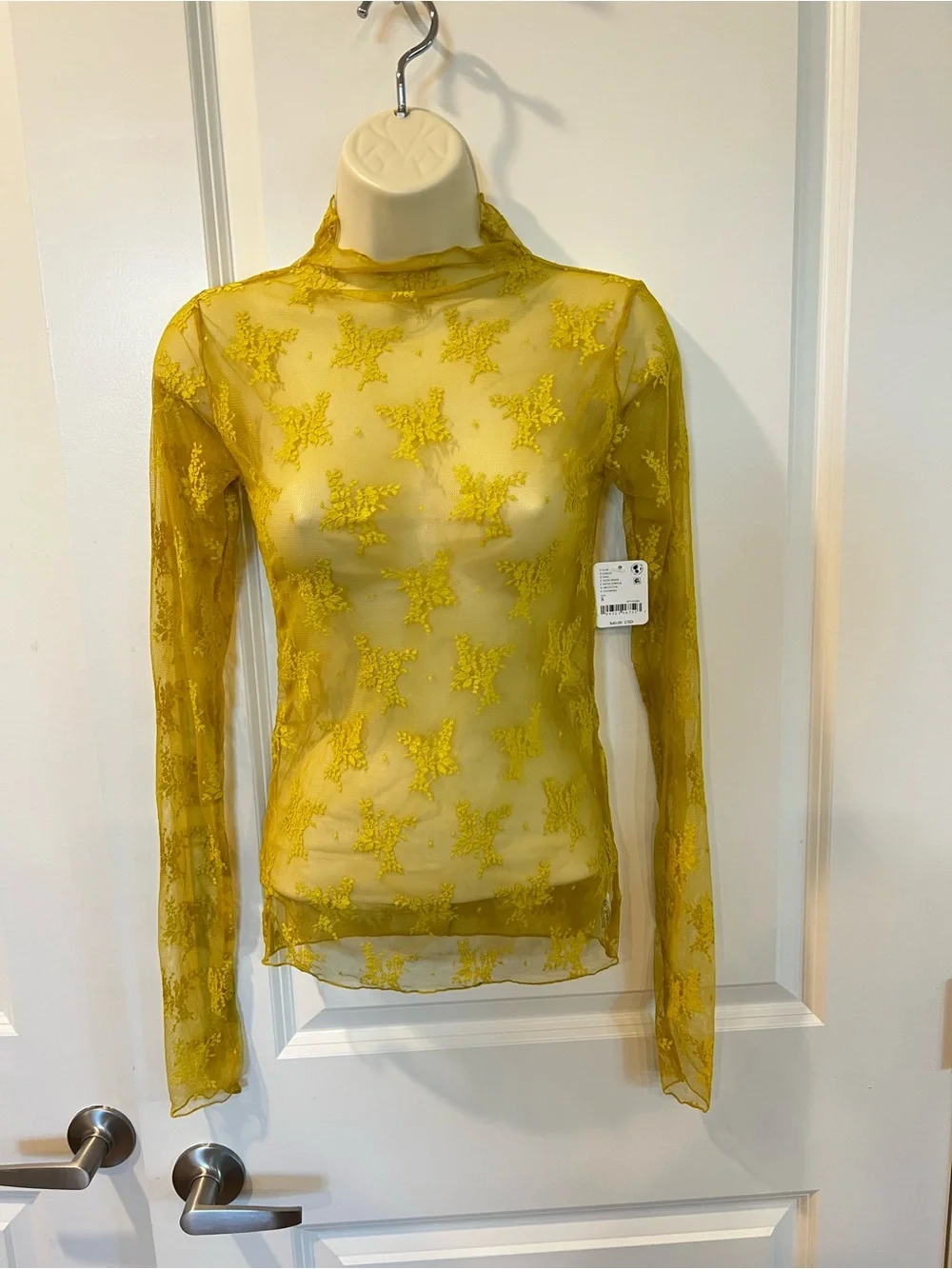 Free People Lux Layering Sheer Lace Long-Sleeve Top in Pale Yellow